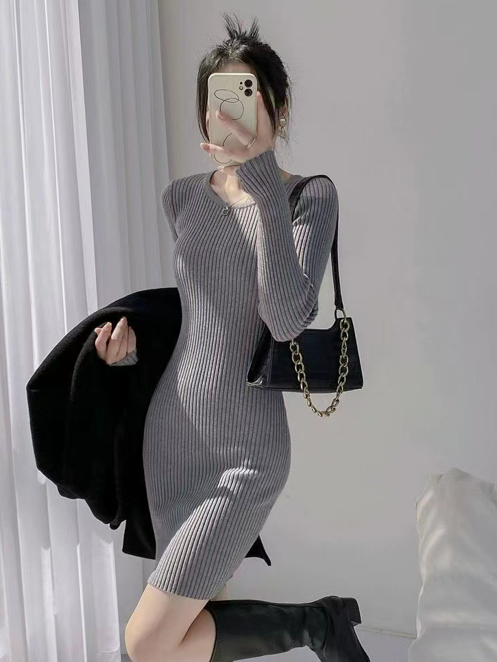 スリムリブニットワンピース　６色展開