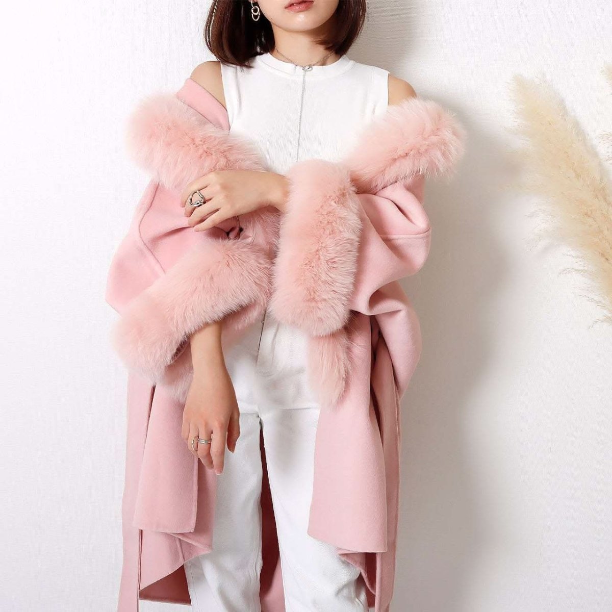 高品質ウール90％＆カシミヤ10％＆リアルフォックスファー