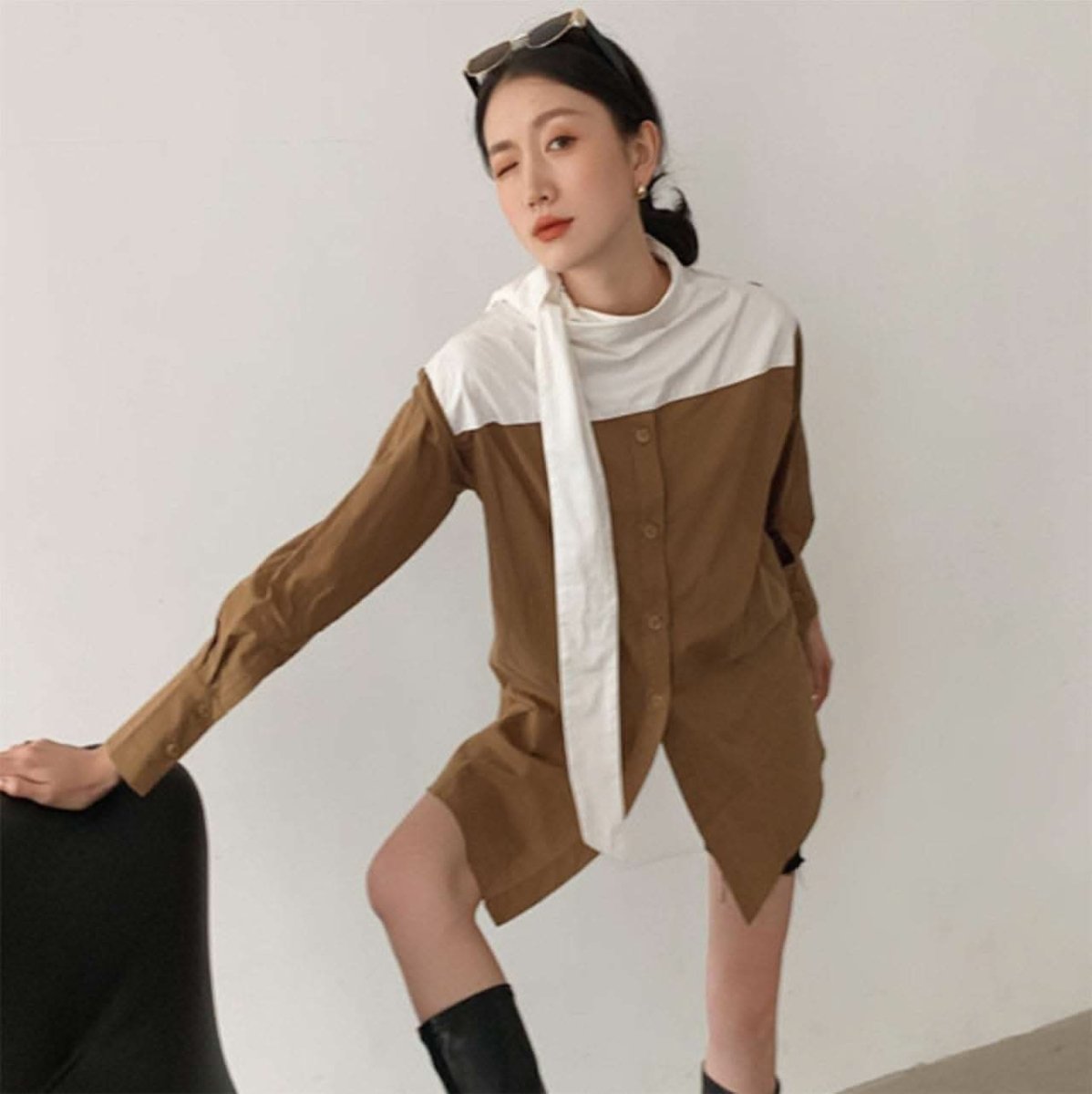 【動画あり】バイカラーネックデザインホワイトスカーフブラウンシャツ - select store mirror me【動画あり】バイカラーネックデザインホワイトスカーフブラウンシャツ93011277mirror meselect store mirror me93011277S