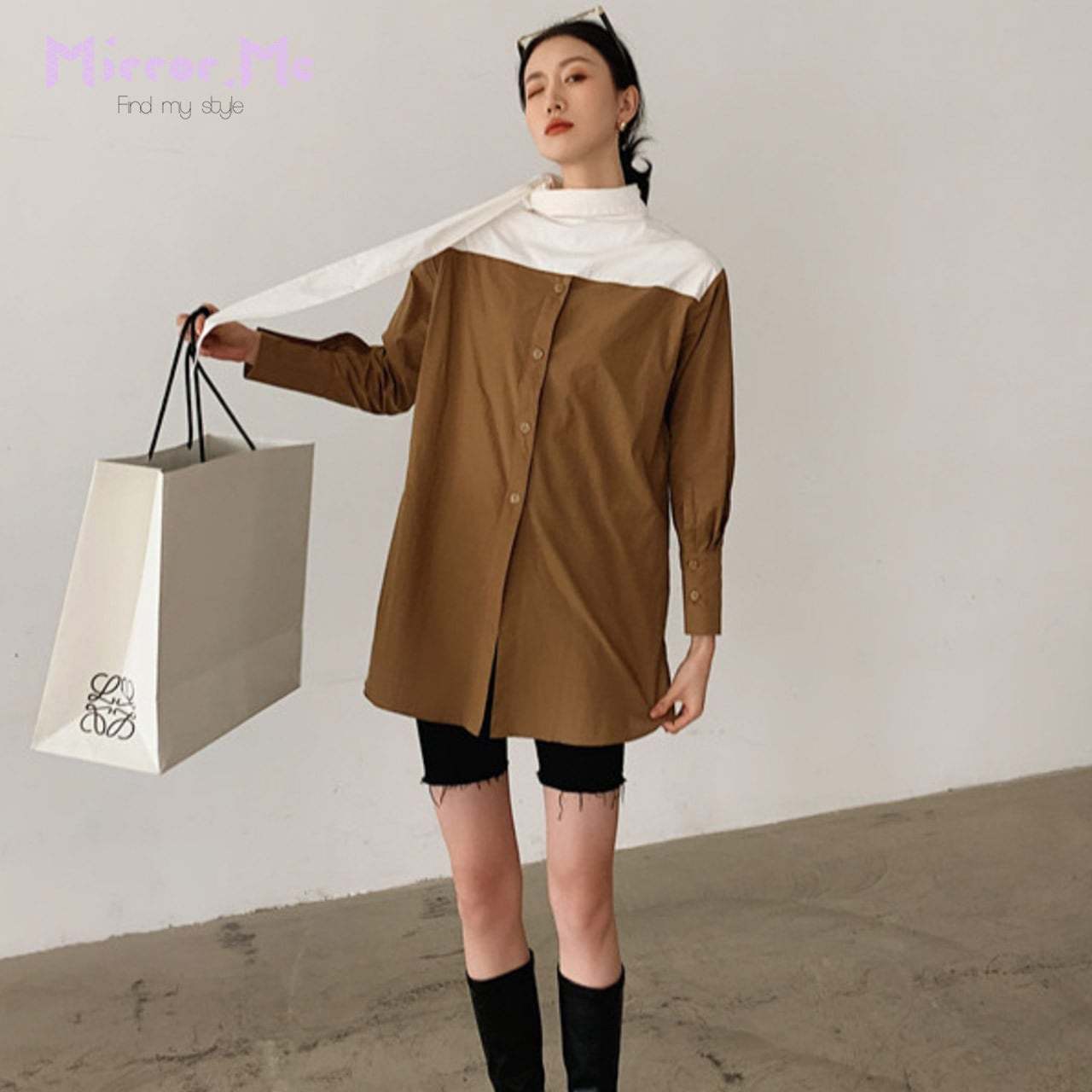 【動画あり】バイカラーネックデザインホワイトスカーフブラウンシャツ - select store mirror me【動画あり】バイカラーネックデザインホワイトスカーフブラウンシャツ93011277mirror meselect store mirror me93011277S