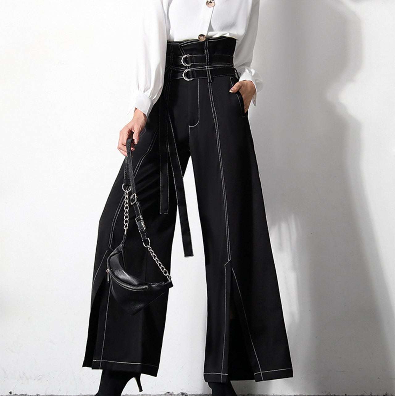 ホワイトステッチダブルベルトフレアスリットパンツ - select store mirror meホワイトステッチダブルベルトフレアスリットパンツ97497245mirror meselect store mirror me97497245S