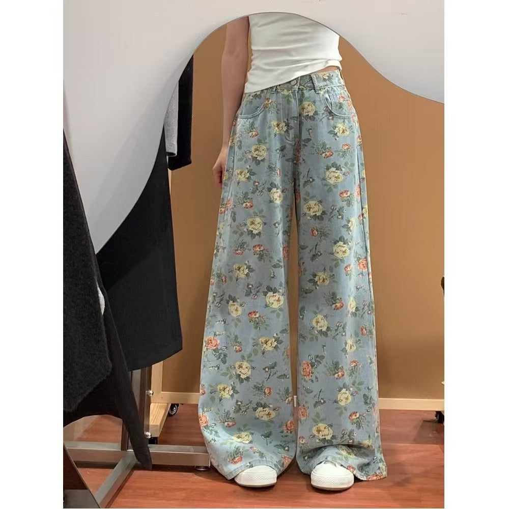 レトロ花柄ストレートジーンズ