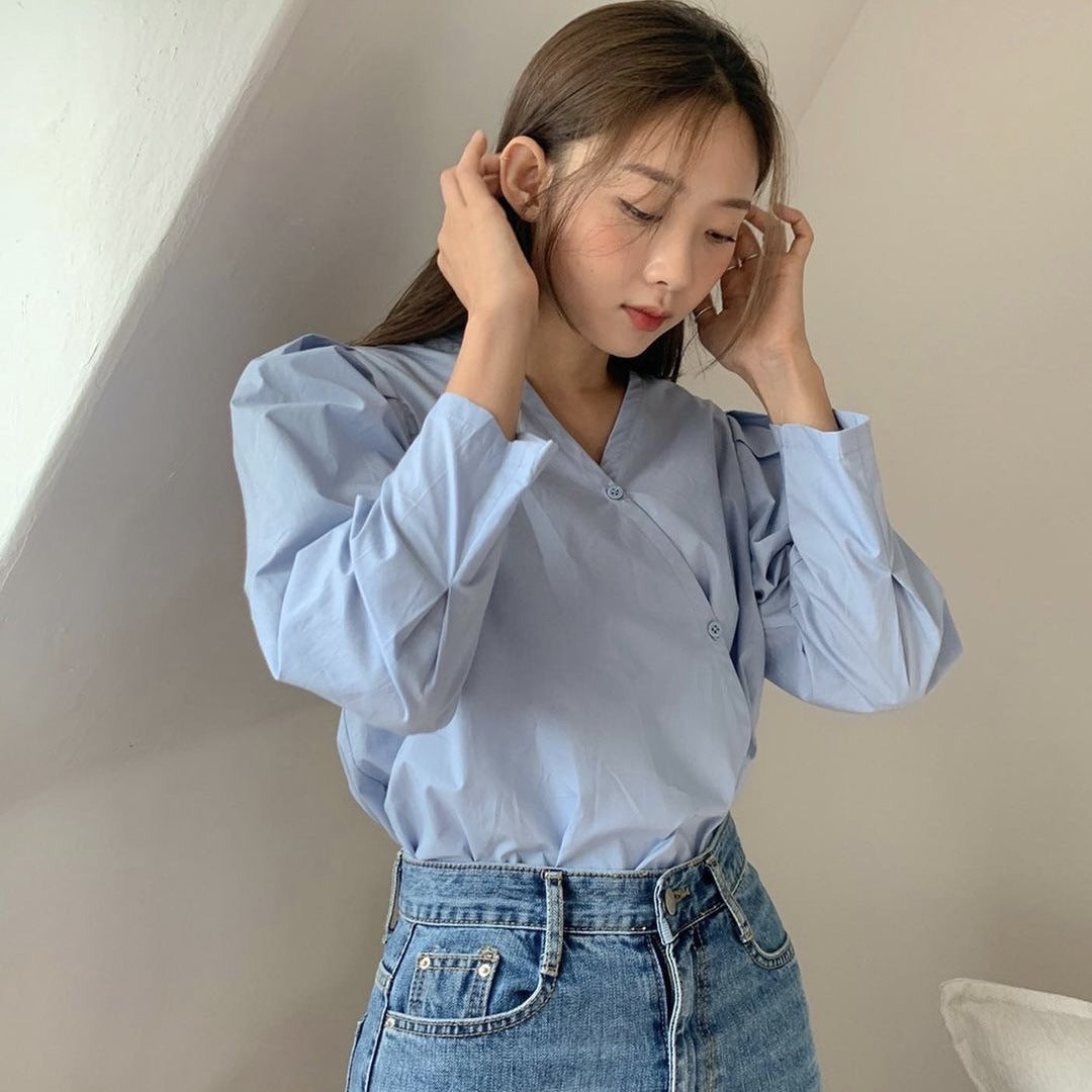 ソフトブルー カシュクールトップス