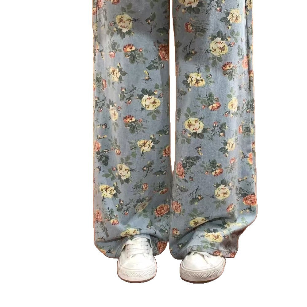 レトロ花柄ストレートジーンズ