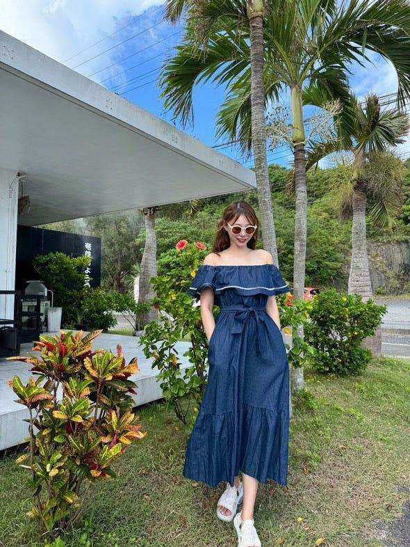 ＜インスタグラマー様ご愛用＞【大人気】オフショルダーデニムフレアロングワンピース