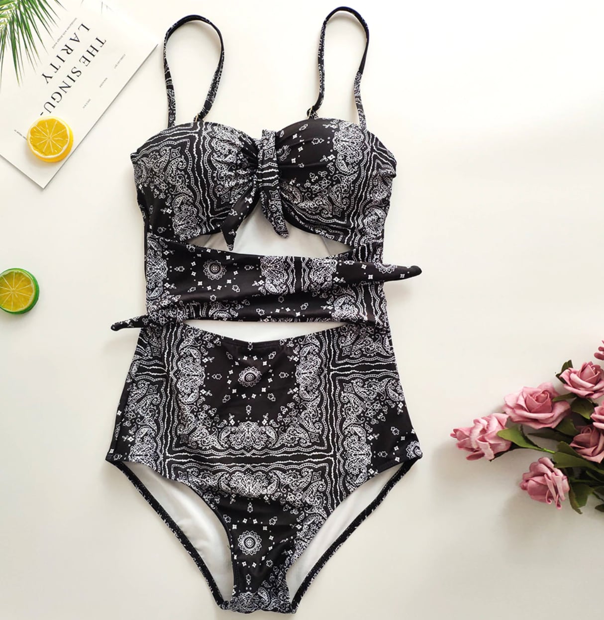 ＜Mサイズ即納１点＞＜細見え体型カバー＞ブラックペイズリーウエストリボンモノキニビキニ - select store mirror me＜Mサイズ即納１点＞＜細見え体型カバー＞ブラックペイズリーウエストリボンモノキニビキニ196210804mirror meselect store mirror me196210804【即納】M