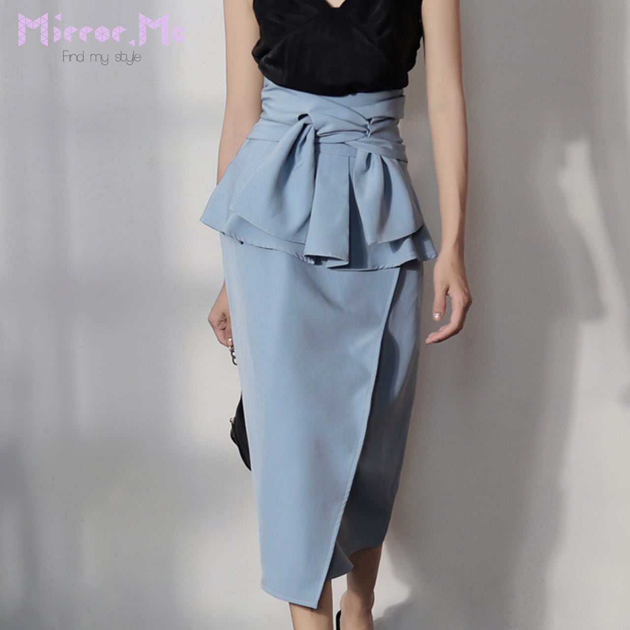 ＜M２点即納＞デザインウエストフリルリボンくすみブルースカート - select store mirror me＜M２点即納＞デザインウエストフリルリボンくすみブルースカート99403507mirror meselect store mirror me99403507S