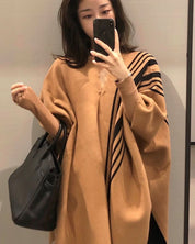 【上質ウール】キャメルブラックアシンメトリーボーダーポンチョ - select store mirror me【上質ウール】キャメルブラックアシンメトリーボーダーポンチョmirror meselect store mirror meフリーサイズ