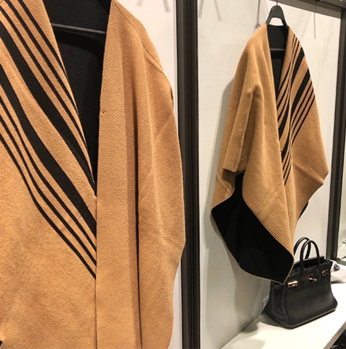 【上質ウール】キャメルブラックアシンメトリーボーダーポンチョ - select store mirror me【上質ウール】キャメルブラックアシンメトリーボーダーポンチョmirror meselect store mirror meフリーサイズ