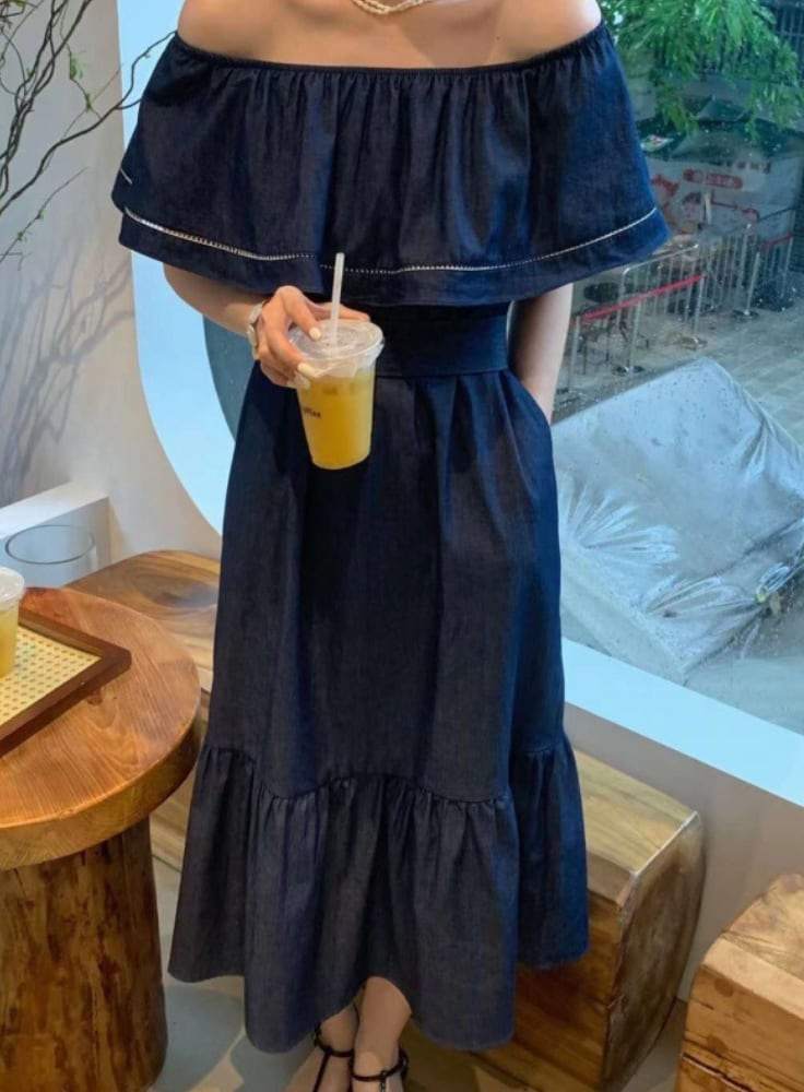 ＜インスタグラマー様ご愛用＞【大人気】オフショルダーデニムフレアロングワンピース - select store mirror me＜インスタグラマー様ご愛用＞【大人気】オフショルダーデニムフレアロングワンピースmirror meselect store mirror meフリーサイズ