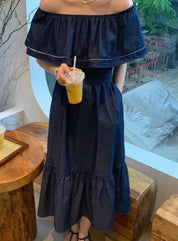 ＜インスタグラマー様ご愛用＞【大人気】オフショルダーデニムフレアロングワンピース - select store mirror me＜インスタグラマー様ご愛用＞【大人気】オフショルダーデニムフレアロングワンピースmirror meselect store mirror meフリーサイズ