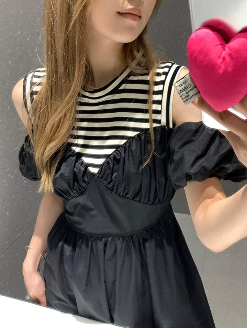【大人気】【動画あり】デザイン切り替えボーダーオフショルダーワンピース - select store mirror me【大人気】【動画あり】デザイン切り替えボーダーオフショルダーワンピースmirror meselect store mirror meフリーサイズ