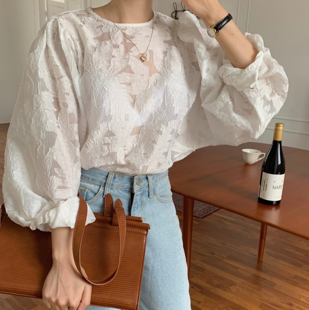 シースルーレースランタンスリーブブラウス - select store mirror meシースルーレースランタンスリーブブラウスmirror meselect store mirror meフリーサイズ