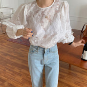 ランタンスリーブホワイト刺繍シースルーブラウス - select store mirror meランタンスリーブホワイト刺繍シースルーブラウスmirror meselect store mirror meフリーサイズ