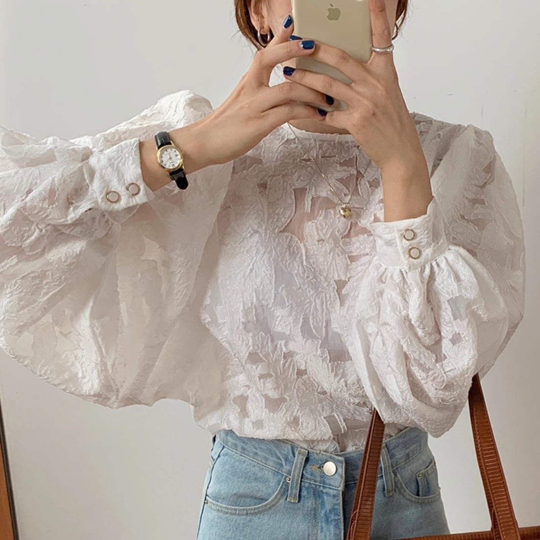 シースルーレースランタンスリーブブラウス - select store mirror meシースルーレースランタンスリーブブラウスmirror meselect store mirror meフリーサイズ