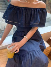 ＜インスタグラマー様ご愛用＞【大人気】オフショルダーデニムフレアロングワンピース - select store mirror me＜インスタグラマー様ご愛用＞【大人気】オフショルダーデニムフレアロングワンピースmirror meselect store mirror meフリーサイズ
