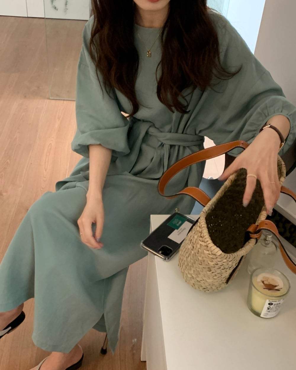 エメラルドカラーパフスリーブラフワンピース - select store mirror meエメラルドカラーパフスリーブラフワンピースmirror meselect store mirror meフリーサイズ