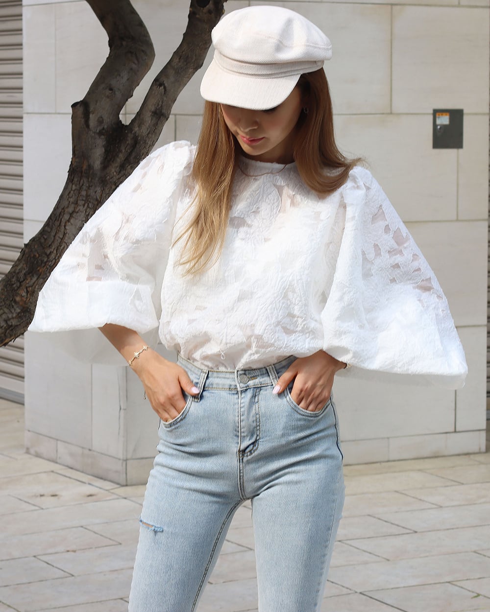 シースルーレースランタンスリーブブラウス - select store mirror meシースルーレースランタンスリーブブラウスmirror meselect store mirror meフリーサイズ