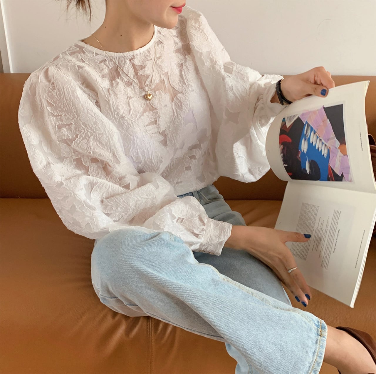 ランタンスリーブホワイト刺繍シースルーブラウス - select store mirror meランタンスリーブホワイト刺繍シースルーブラウスmirror meselect store mirror meフリーサイズ
