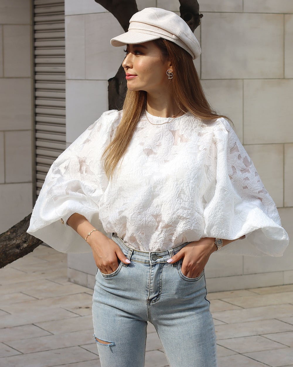 シースルーレースランタンスリーブブラウス - select store mirror meシースルーレースランタンスリーブブラウスmirror meselect store mirror meフリーサイズ