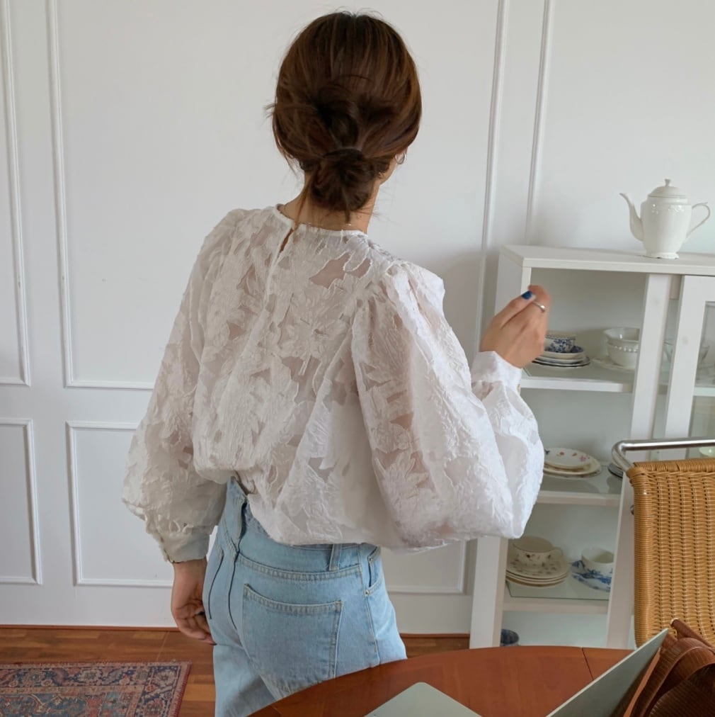 シースルーレースランタンスリーブブラウス - select store mirror meシースルーレースランタンスリーブブラウスmirror meselect store mirror meフリーサイズ