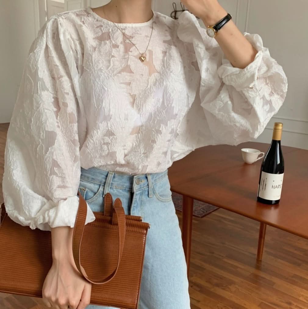 シースルーレースランタンスリーブブラウス - select store mirror meシースルーレースランタンスリーブブラウスmirror meselect store mirror meフリーサイズ