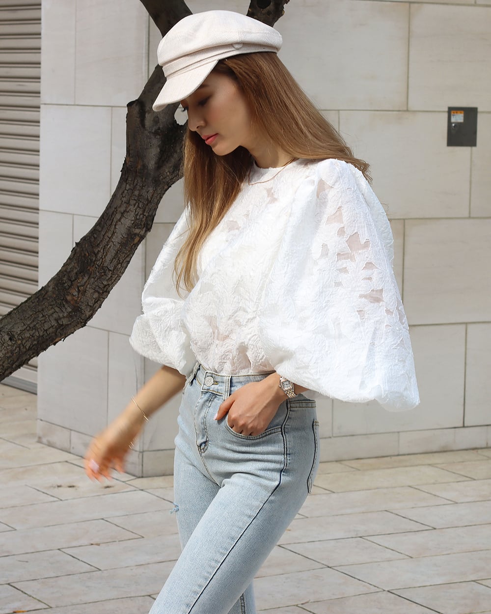 シースルーレースランタンスリーブブラウス - select store mirror meシースルーレースランタンスリーブブラウスmirror meselect store mirror meフリーサイズ