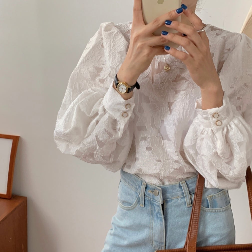 シースルーレースランタンスリーブブラウス - select store mirror meシースルーレースランタンスリーブブラウスmirror meselect store mirror meフリーサイズ
