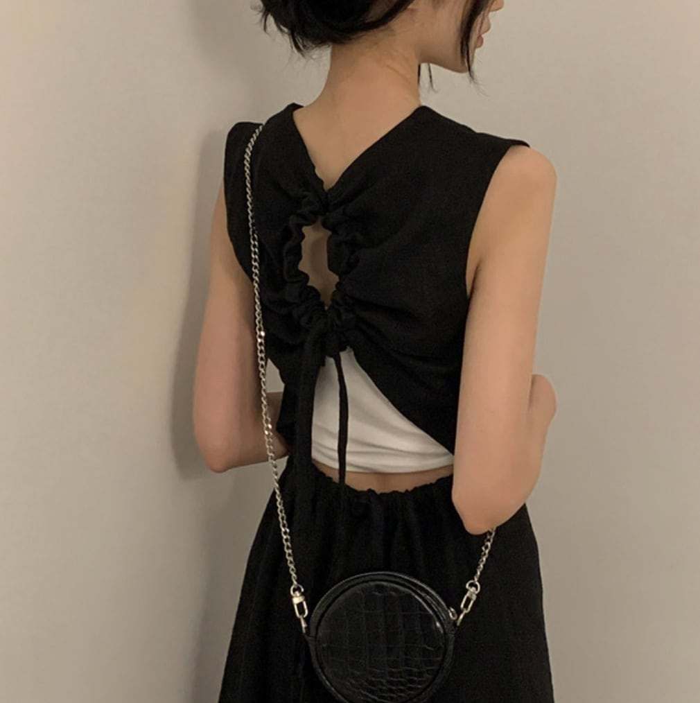 バックデザインギャザーカットリボンリネンワンピース - select store mirror meバックデザインギャザーカットリボンリネンワンピースmirror meselect store mirror meフリーサイズ