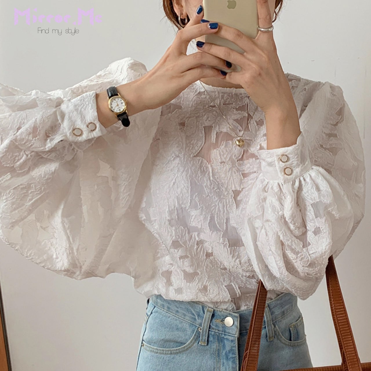 ランタンスリーブホワイト刺繍シースルーブラウス - select store mirror meランタンスリーブホワイト刺繍シースルーブラウスmirror meselect store mirror meフリーサイズ