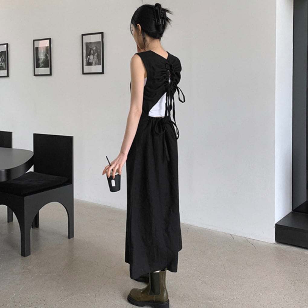 バックデザインギャザーカットリボンリネンワンピース - select store mirror meバックデザインギャザーカットリボンリネンワンピースmirror meselect store mirror meフリーサイズ