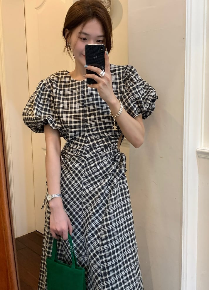 大ヒット！チェック柄ウエストサイドオープンパフワンピース - select store mirror me大ヒット！チェック柄ウエストサイドオープンパフワンピースmirror meselect store mirror meフリーサイズ