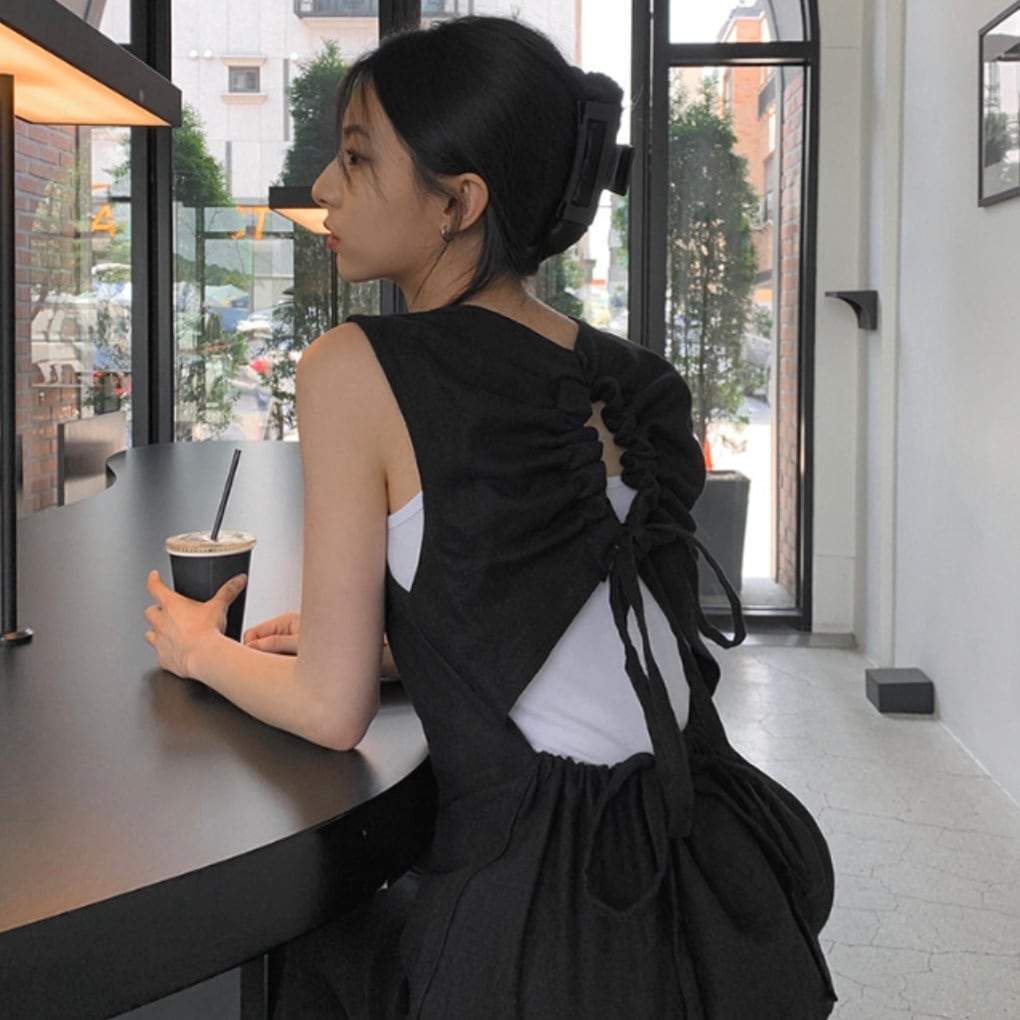 バックデザインギャザーカットリボンリネンワンピース - select store mirror meバックデザインギャザーカットリボンリネンワンピースmirror meselect store mirror meフリーサイズ
