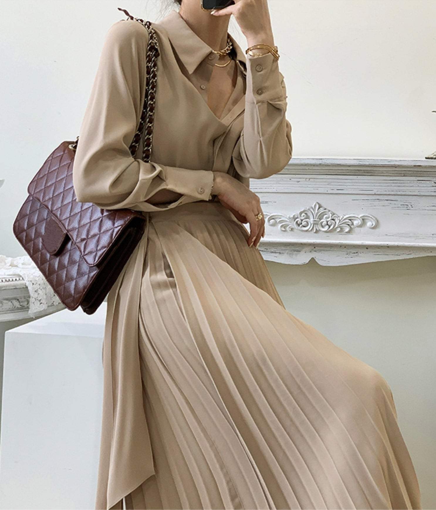 【動画あり】滑らかシャツ＆ロングウエストリボンプリーツセットアップ - select store mirror me【動画あり】滑らかシャツ＆ロングウエストリボンプリーツセットアップmirror meselect store mirror meフリーサイズ