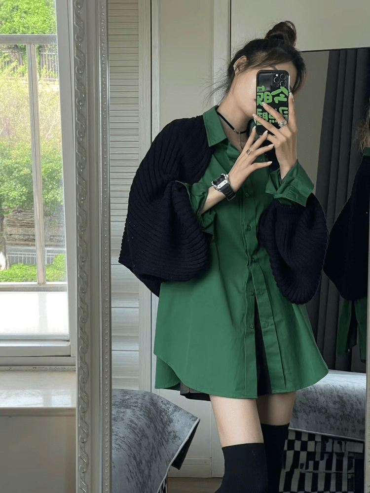 レイヤードスタイルのブラックニットシャツワンピース - select store mirror meレイヤードスタイルのブラックニットシャツワンピースselect store mirror meselect store mirror meS