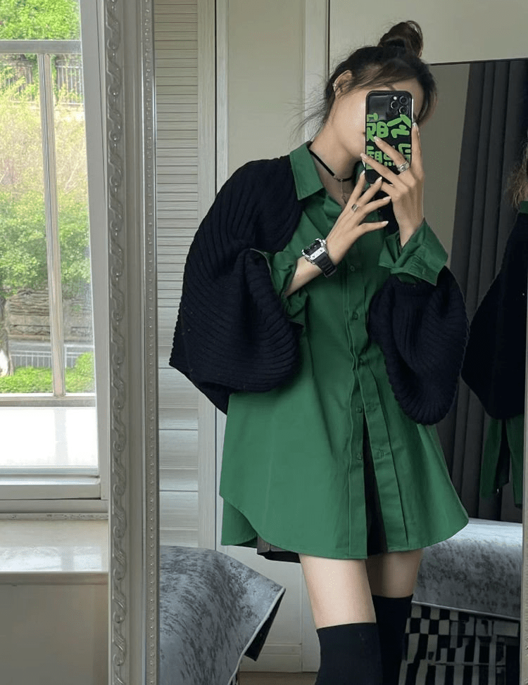 レイヤードスタイルのブラックニットシャツワンピース - select store mirror meレイヤードスタイルのブラックニットシャツワンピースselect store mirror meselect store mirror meS