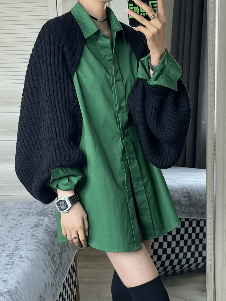 レイヤードスタイルのブラックニットシャツワンピース - select store mirror meレイヤードスタイルのブラックニットシャツワンピースselect store mirror meselect store mirror meS
