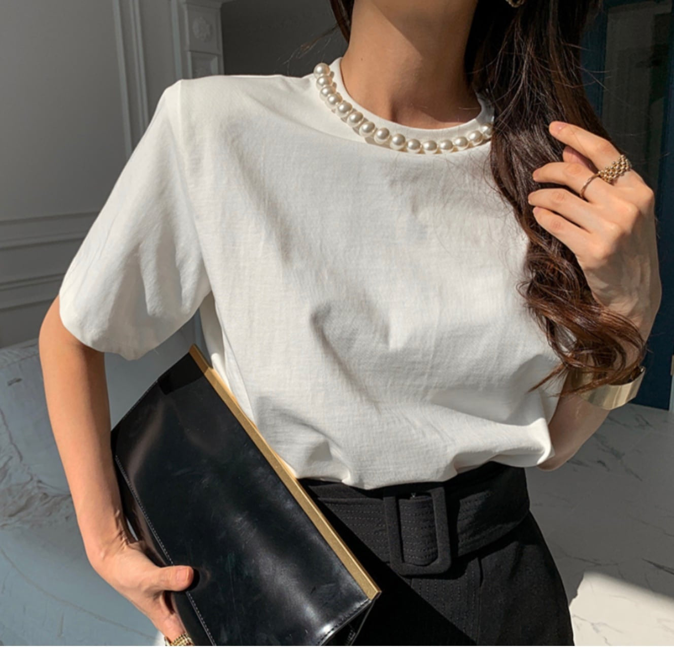 ネックパールパット付きコットンTシャツ　２色展開 - select store mirror meネックパールパット付きコットンTシャツ　２色展開113187025mirror meselect store mirror me113187025ホワイト