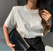 ネックパールパット付きコットンTシャツ　２色展開 - select store mirror meネックパールパット付きコットンTシャツ　２色展開113187025mirror meselect store mirror me113187025ホワイト