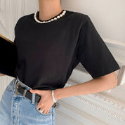 ネックパールパット付きコットンTシャツ　２色展開 - select store mirror meネックパールパット付きコットンTシャツ　２色展開113187025mirror meselect store mirror me113187025ホワイト