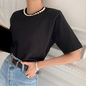 ネックパールパット付きコットンTシャツ　２色展開 - select store mirror meネックパールパット付きコットンTシャツ　２色展開113187025mirror meselect store mirror me113187025ホワイト