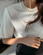 ネックパールパット付きコットンTシャツ　２色展開 - select store mirror meネックパールパット付きコットンTシャツ　２色展開113187025mirror meselect store mirror me113187025ホワイト