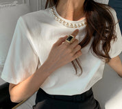 ネックパールパット付きコットンTシャツ　２色展開 - select store mirror meネックパールパット付きコットンTシャツ　２色展開113187025mirror meselect store mirror me113187025ホワイト