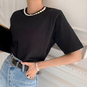 ネックパールパット付きコットンTシャツ　２色展開 - select store mirror meネックパールパット付きコットンTシャツ　２色展開113187025mirror meselect store mirror me113187025ホワイト