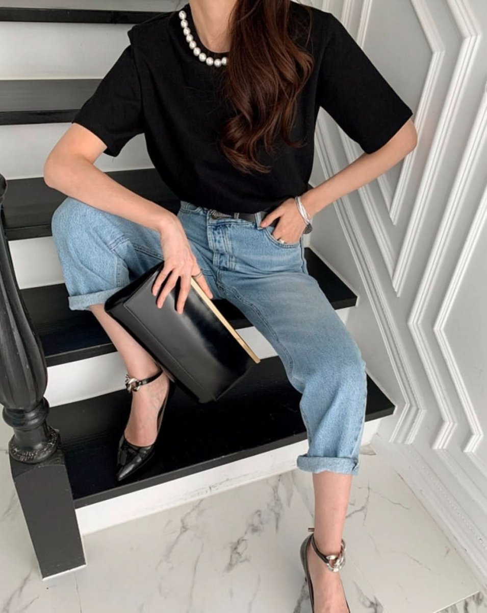 ネックパールパット付きコットンTシャツ　２色展開 - select store mirror meネックパールパット付きコットンTシャツ　２色展開113187025mirror meselect store mirror me113187025ホワイト