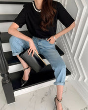 ネックパールパット付きコットンTシャツ　２色展開 - select store mirror meネックパールパット付きコットンTシャツ　２色展開113187025mirror meselect store mirror me113187025ホワイト