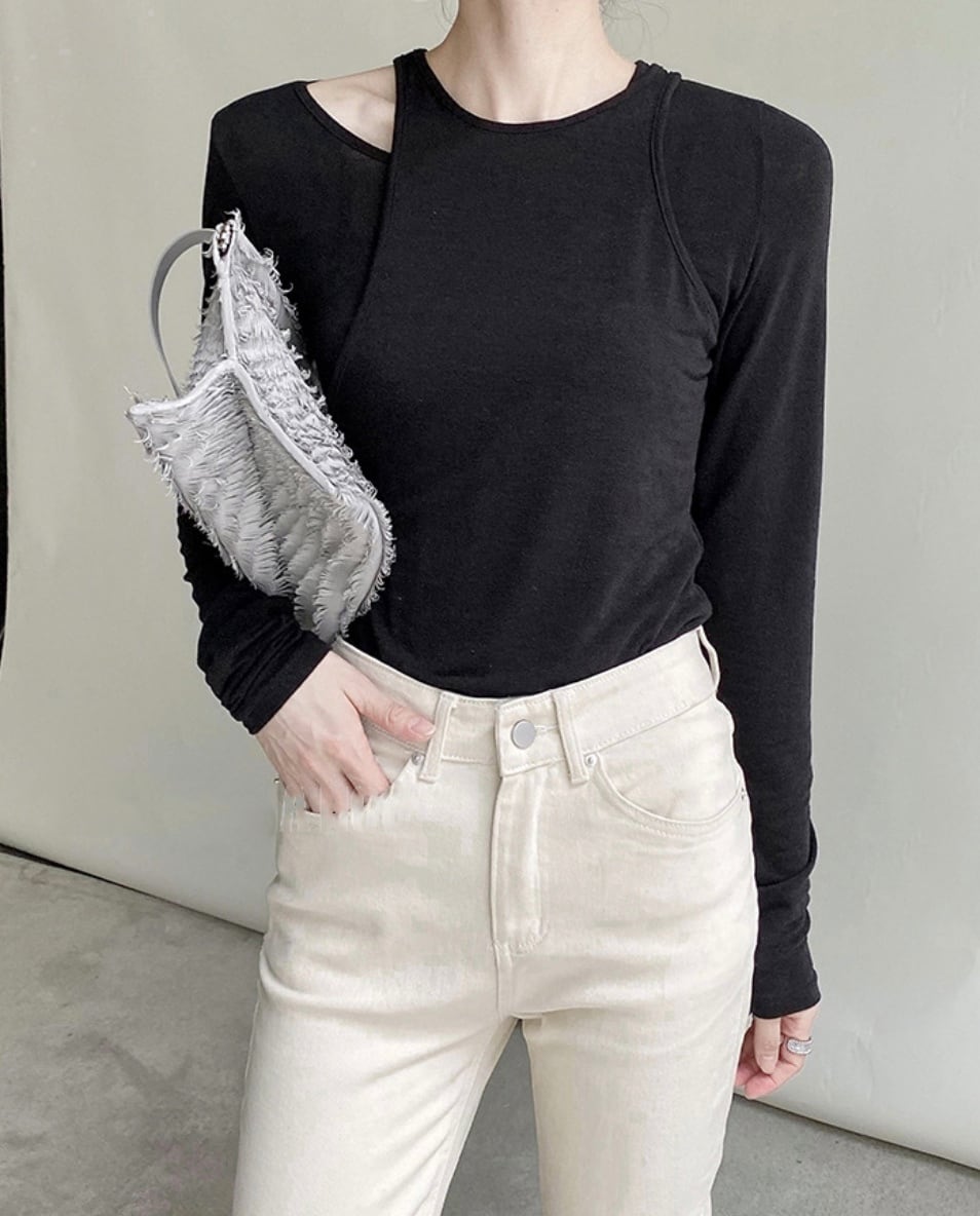 アシンメトリー重ね着デザインロングTシャツ　４色展開 - select store mirror meアシンメトリー重ね着デザインロングTシャツ　４色展開147037664mirror meselect store mirror me147037664ベージュ